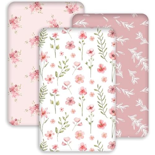 Civarua Kids Bassinet Sheets 33x20 for Baby Delight, Newton,Airclub,Maxi Cosi,Angelbliss,Dream on Me,Mika,Harppa,Amke,ezebaby Rectangle Bassinet Mattress - Pink Floral 3 Pack Girl