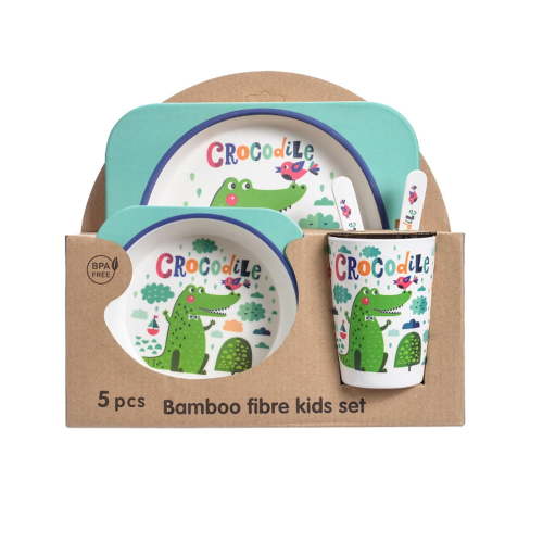 5Pcs/Set Bamboo Kids Dinnerware Set - Children Dishes - BPA Free Food Plate Bowl Cup Spoon Fork Set Dishware, Cartoon Tableware - Crocodile