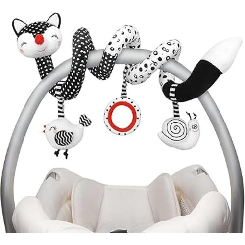 Euyecety Baby Spiral Plush Toys, Black White Stroller Toy Stretch & Spiral Activity Toy Car Seat Toys, Hanging Rattle Toys for Crib Mobile, Newborn Sensory Toy Best Gift for 0 3 6 9 12 Months Baby-Fox