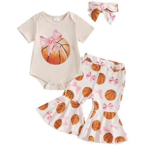 Newborn Baby Girl Basketball Outfit Short Sleeve Bow Romper Flare Pants Set Headband 3Pcs Infant Summer Clothes