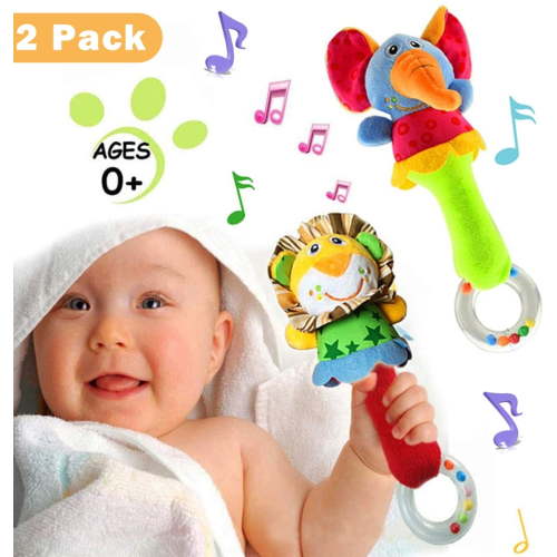 Homaful 2 Pack Baby Soft Rattle Toys Fabric Ring Rattles Shaker Infant Handbells Early Development Hand Grab Sensory Toys Stuffed Animal for 3 6 9 12 Months and Newborn Toddler Boy Girl Birthday Gift