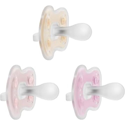 Dr. Brown's Advantage One-Piece Silicone Baby Pacifier, Fully Symmetrical Soother, Ecru/Light Pink/Pink, 0-6m, BPA Free, 3 Pack