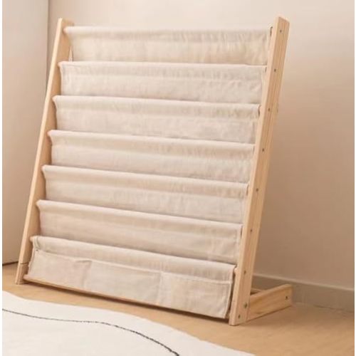 Wooden Bookshelf 7-Tier Natural Pine Book Rack with Canvas Storage Bins for Organizing Books & Toys Ideal for Children's Rooms & Playrooms