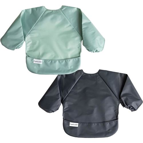 Tiny Twinkle Mess Proof Baby Bib, 2 Pack Long Sleeve Bib Outfit, Waterproof Bibs for Toddlers, Machine Washable, Tug Proof - Small 6-24 Months - Sage Charcoal