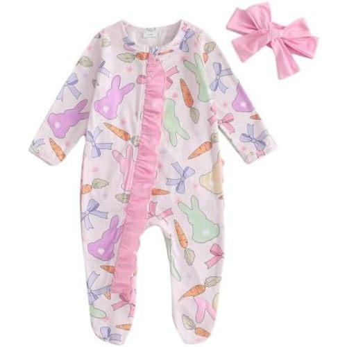 Newborn Baby Girl Easter Outfit Bow Bunny Print Footie Romper Ruffle Zipper Bodysuit Jumpsuit with Headband
