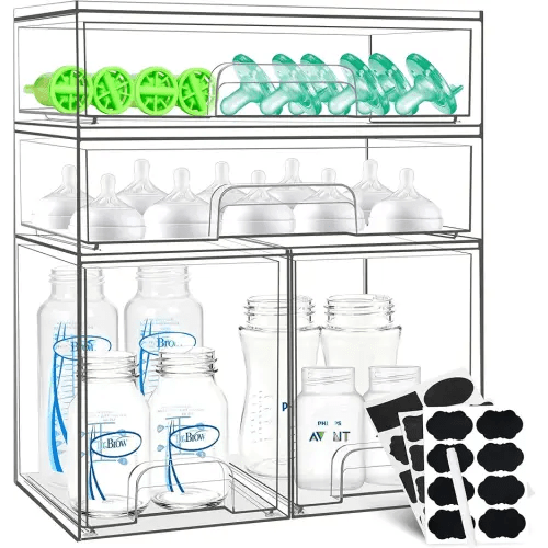 Baby Bottle Organizer, 4 Pack Stackable Storage Drawers with Labels, Clear Station Organizers Container for Pacifiers, Pump Parts, Desk Organizer Bins for Bathroom, Cabinet, Pantry, Vanity, Countertop
