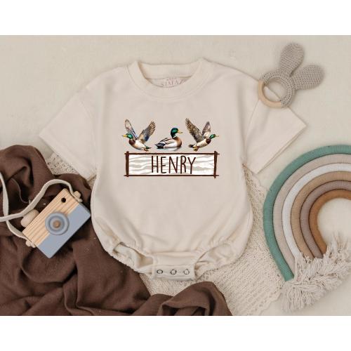 Personalized Mallard Duck Hunting Romper - Baby Boy Outfit, First Birthday Clothes, Newborn Bodysuit, Duck Lover Gift