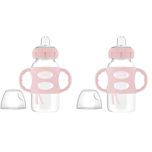Dr. Brown's Milestones Wide-Neck Sippy Spout Bottle with 100% Silicone Handles, Easy-Grip Handles with Soft Sippy Spout, 9oz/270mL, Light-Pink, 2-Pack, 6m+
