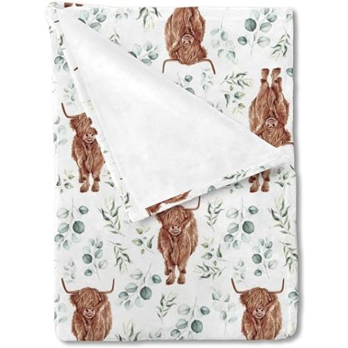 HawSkgFub Highland Cow Eucalyptus Leaf Baby Blanket Boy Shower Gift, Western Animal Yak Flannel Fleece Nursery Bed Swaddle Receiving Blankets Soft Lightweight Newborn Infant Crib Toddler Bedding 30x40