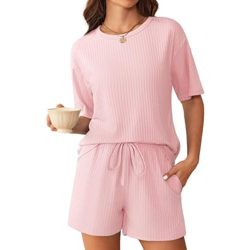 Ekouaer Ribbed Knit Lounge Set Women Pajama Set Short Sleeve Top and Shorts Set Two Piece Shorts Outfits Set
