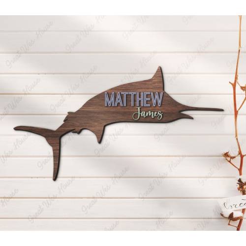 Custom Fishing 3D Kid Wood Nursery Name Sign Personalized Large Marlin Fishing Animals Wooden Wall Decor Baby Shower Boy Birthday Gift