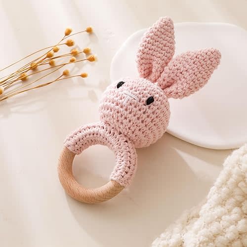 Wooden Baby Rattle,Crochet Bunny Rattle with Wood Ring, Newborn Wooden Animal Rattle Toy,Infant Pink Bunny Wood Rattle Toys