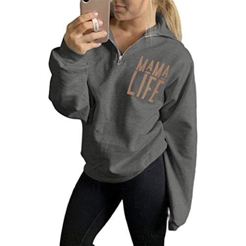 TAIUICY Women Mama Life Zip Up Pullover Sweatshirt Jacket High Collar Quarter 1/4 Zip Coat