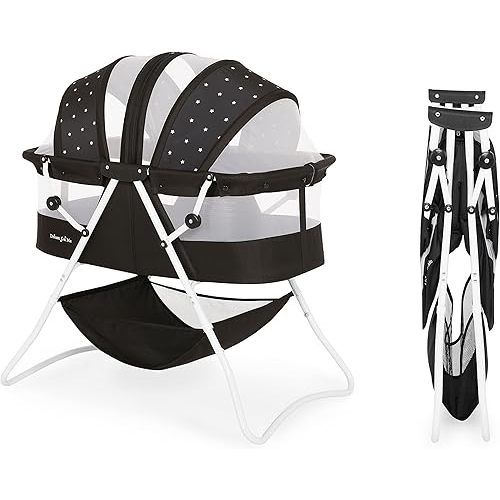 Dream On Me Karley Bassinet in Onyx, Lightweight Portable Baby Bassinet, Quick Fold and Easy to Carry , Adjustable Double Canopy, Indoor and Outdoor Bassinet with Large Storage Basket.