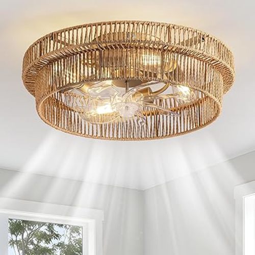 Rattan Boho Ceiling Fan with Light Flush Mount, 20 Inch Caged Ceiling Fans with Light and Remote Control, Low Profile Enclosed 6 Speeds for Bedroom, Nursery, Living Room, E26 Base (Brown)