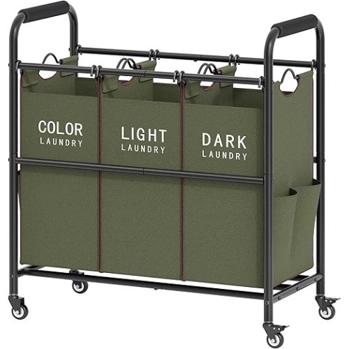 Tajsoon 3 Bag Laundry Sorter Cart, Laundry Hamper Sorter Basket with Heavy Duty Lockable Rolling Wheels for Clothes Storage, Green