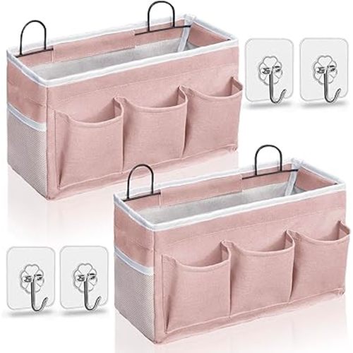 2pcs Light-Style Wall Hanging Storage Bag, Linen Fabric Door Hanging Organizer Baskets with Pockets, Waterproof Bin for Bedroom, Kitchen, Office, RV Camper (Pink-2pcs)