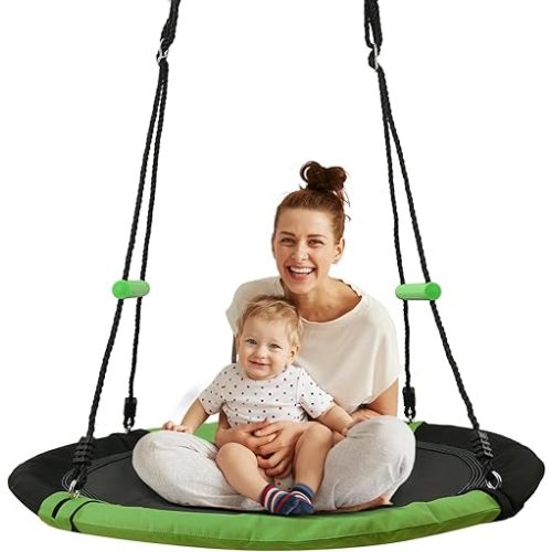 Black Round Saucer Swing with Handles -Made of Sturdy Frame,PP Mat,Adjustable Multi-Strand Ropes,Safe and Durable for Yard Garden Playground Park (Black and Light Green, 40 inches)