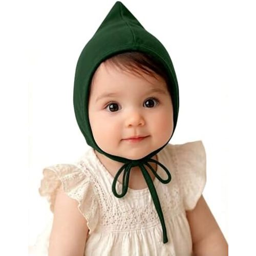 Bidadary Newborn Baby Bonnet Hat 0-12 Months Cotton Infant Hospital Hat Baby Sleep Hat Chin Strap Beanie for Spring Summer Dark Green
