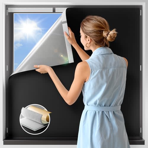 NIGHTON 100% Blackout Curtains for Bedroom, No Drill Black out Blinds With Upgraded Hook and Loop Tape, Portable Blackout Curtains for Window Cover Baby Nursery,Travel,RV- 1 Panel Black 42''W x 60'' L