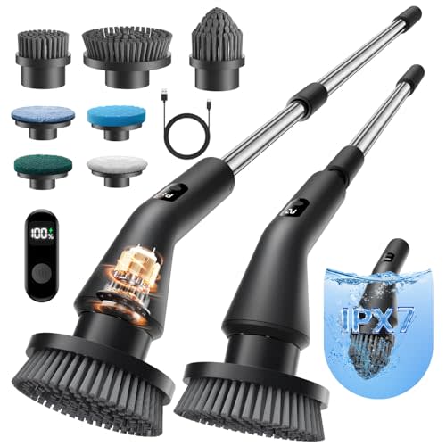 Leebein Electric Spin Scrubber, 2025 New Cordless Cleaning Brush Bathroom Scrubber, IPX7 Waterproof Shower Scrubber with 7 Brush Heads, Extendable Long Handle and 2 Speeds Scrubber for Bathtub Floor