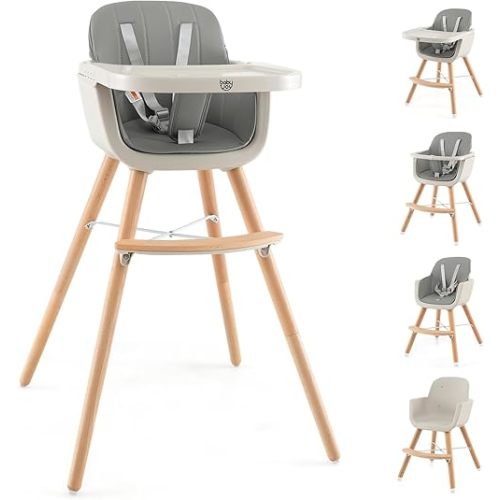BABY JOY Convertible Baby High Chair, 3 in 1 Wooden Highchair/Booster/Chair with Removable Tray, Adjustable Legs, 5-Point Harness, PU Cushion and Footrest for Baby, Infants, Toddlers (Gray)