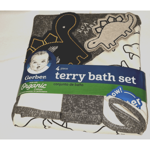 Gerber 4-Piece Organic Baby Boys Charcoal Dino Towel & Washcloths Set