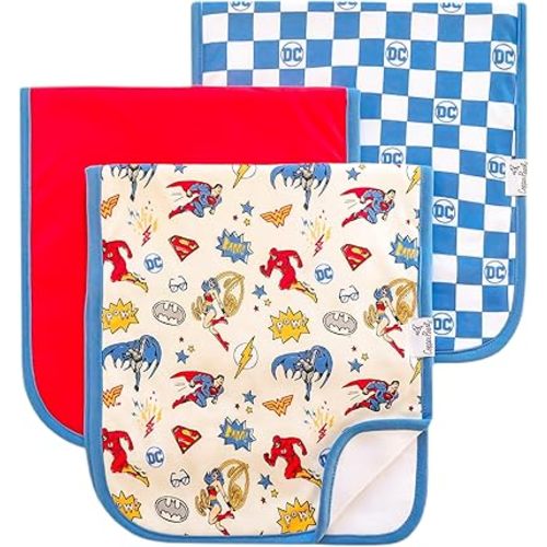 Copper Pearl Premium Baby Burp Cloths - 3-Pack Large Cotton Burp Cloths, Extra Soft Spit Up Rags with 3 Absorbent Layers, Perfect for Baby Boy and Baby Girl Gifts (21" x 10" Size, Justice League Set)