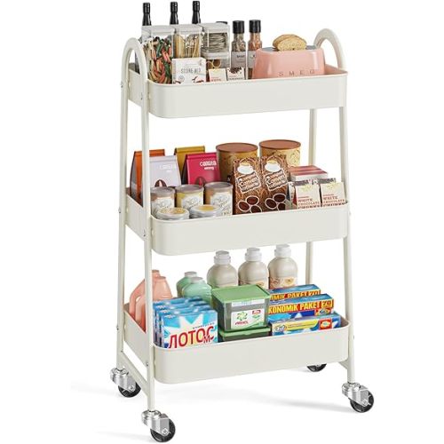 Sweetcrispy 3 Tier Metal Storage Utility Cart with Wheels, Kitchen Organizer Trolley Rolling Bathroom Laundry Room Bar Office Shelves Mobile Shelving Unit Caster for Snack Bedside Narrow Places
