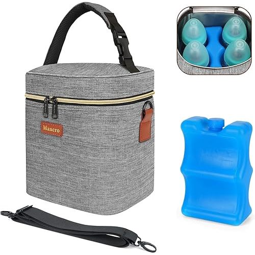 Mancro Insulated Breastmilk Cooler Bag Fits 4 Baby Bottles Up to 9 Ounce,Compact Baby Bottle Travel Bag with Ice Pack for Nursing Mom, Grey