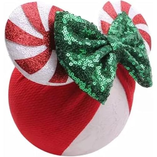 J&J Boutiques Mouse Ears Headband/Headwrap - Toddler, Baby, Kids - Party Supplies - Christmas Candy Cane Bow with Green Ears One Size