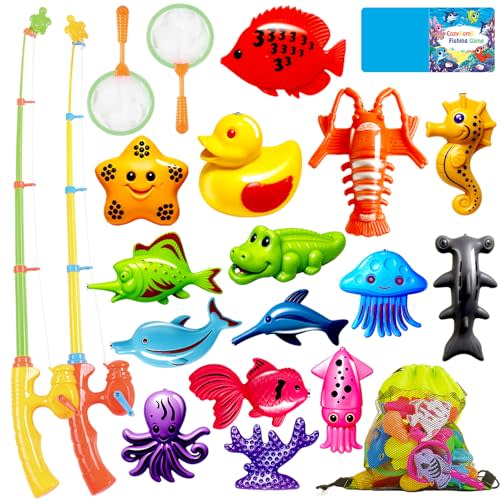 CozyBomB Magnetic Fishing Toys Game Set for Kids | Water Table Bathtub Kiddie Pool Party & Pole Rod Net, Plastic Floating Fish Toddler Color Ocean Sea Animals Birthday Age 3 4 5 6 Year