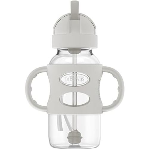 Dr. Brown's Milestones Wide-Neck Sippy Straw Bottle with 100% Silicone Handles and Weighted Straw, 9 oz/270 mL, Gray, 6m+