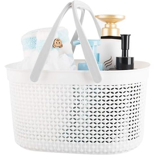 rejomiik Portable Shower Caddy Basket, Plastic Organizer Storage Tote with Handles for Bathroom, College Dorm, Kitchen, White