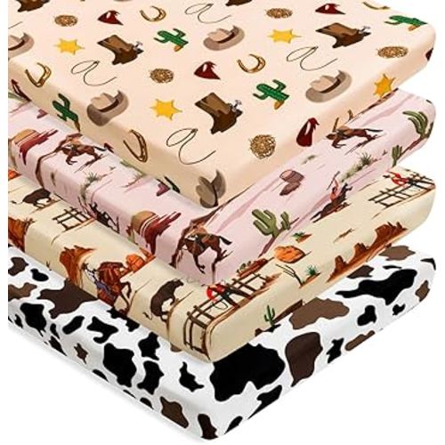 4 Pack Western Cowboy Crib Sheets Neutral Breathable Fitted Baby Sheets Nursery Sheets for Baby Boys or Girls (Pack N Play Sheet)