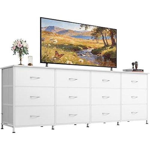 WLIVE 75.5'' White Dresser for Bedroom, TV Stand for 85, 80, 75, 65 Inch TV, 12 Drawer Long Fabric Dresser with Wood Top, Wide Entertainment Center Storage Chest for Living Room, Closet