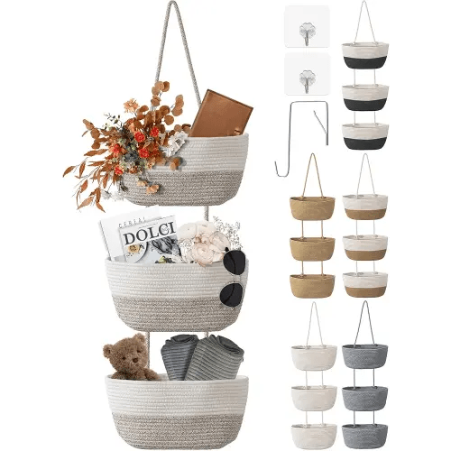 3 Tier Wall Mounted Woven Hanging Basket, Over the Door Hanging Basket with Hooks, Decorative Storage Hanging Closet Removable, Large Wall Basket for Bedroom, Kitchen, RV (White & Camel)
