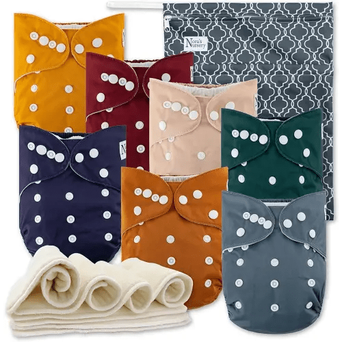 Nora's Nursery Cloth Diapers 7 Pack with 7 Inserts & 1 Wet Bag - Waterproof Cover, Washable, Reusable & One Size Adjustable Pocket Diapers for Newborns and Toddlers-Pacific Neutrals