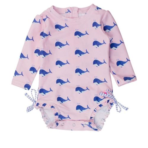 Rufflebutts Baby/toddler Girls Upf50+ Long Sleeve One Piece Rash Guard - Pink Whale Friends, 6-12m