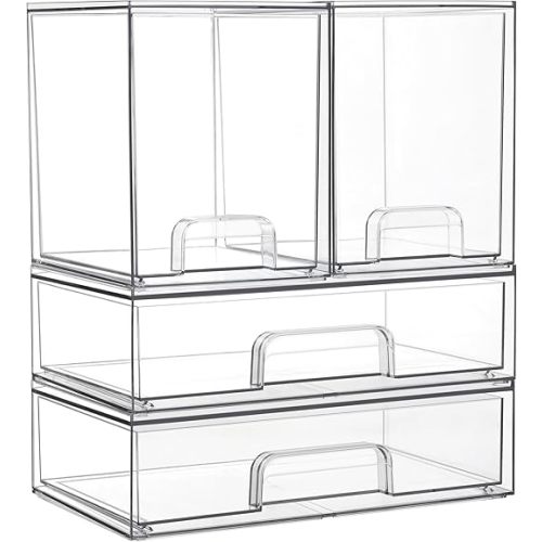 Vtopmart Clear Stackable Storage Drawers Set of 4, Plastic Organizer Bins for Makeup, Cosmetics, Beauty Supplies,Ideal for Vanity, Bathroom,Cabinet,Pantry Organization