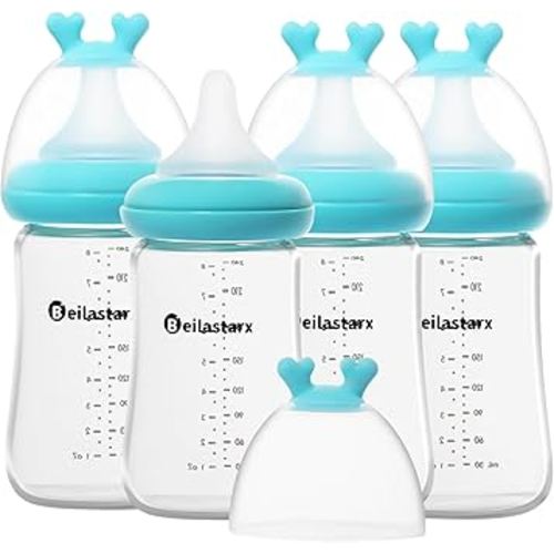 Glass Baby Bottles with Natural Response Nipple Size M - Anti Colic Baby Bottles Wide Neck Slow Flow Baby Bottle (Blue, 8oz (Pack of 4))