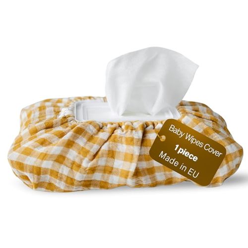Baby Wipes Cover – Universal Size, One Size Fits All Wipes Packages | Muslin Cotton Tissue Cover for Nursery, Diaper Bag & Changing Table, Station | Gingham & Neutral Patterns (Mustard Yellow Gingham)