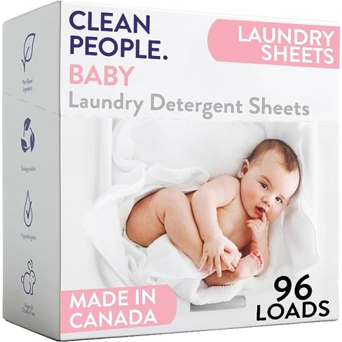 The Clean People Unscented Baby Laundry Detergent Sheets - Hypoallergenic - Ultra Concentrated, Recyclable Packaging, Fights Stains & Odors on Baby Clothes & Bedding - Fragrance Free, 96 Pack