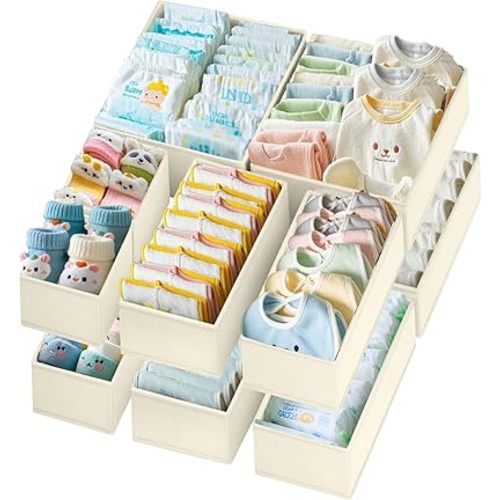 Drawer Organizer Clothes 12 Pack, Dresser Closet Organizers For Baby Clothes Underwear, Sock Beige