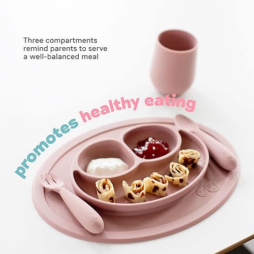 ezpz Mini Mat for 12 Months+ (Blush) - 100% Silicone Baby Plates with Suction and Built-in Placemat for Infants + Toddlers - Baby Led Weaning - For Highchair, Dining Table and Travel