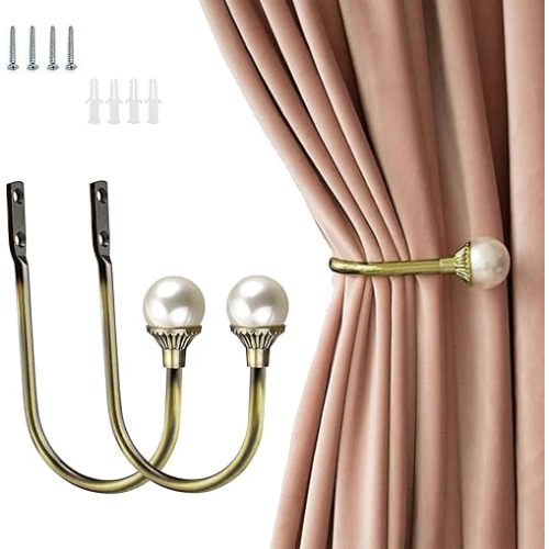 2 Pack Curtain Holdbacks Wall Mounted Curtain Tiebacks Hooks Plastic Pearl U Shape Curtain Tiebacks with Screws Curtain Ties for Home Office-Antique Bronze