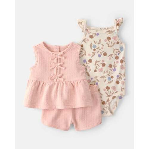 Baby Girl 3-Piece Floral Top, Bodysuit & Short Set, Size 3 Months