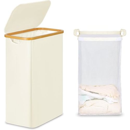 Slim Laundry Basket with Lid, Narrow Laundry Hamper with Removable Bag, Skinny Dirty Clothes Basket with Bamboo Handles for Bathroom, Bedroom & Laundry Room, 65L Beige