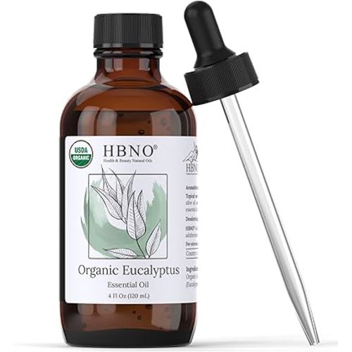 HBNO California Bottled Organic Eucalyptus Essential Oil (Globulus) - 4 fl oz (120ml) - USDA Certified Organic - Ideal for Diffuser, Hair, Face, Skin Care, Aromatherapy, Scalp & Body Massage