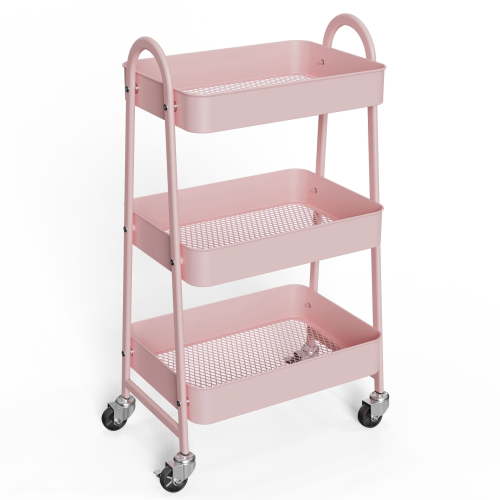 EDX 3-Tier Rolling Cart, Metal Utility Organizer, Lockable Wheels, Mesh Storage, Pink